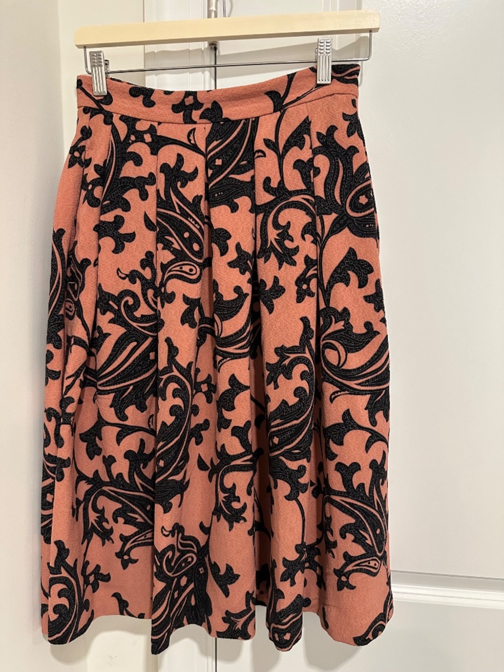 NWT H&M Mauve Pink Black Paisley Pattern Full Midi Skirt Band Waste Side Pockets